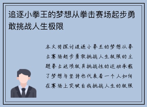 追逐小拳王的梦想从拳击赛场起步勇敢挑战人生极限