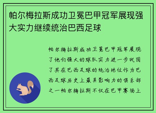 帕尔梅拉斯成功卫冕巴甲冠军展现强大实力继续统治巴西足球 帕尔梅拉斯成功卫冕巴甲冠军展现强大实力继续统治巴西足球