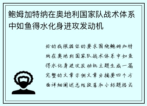 鲍姆加特纳在奥地利国家队战术体系中如鱼得水化身进攻发动机 鲍姆加特纳在奥地利国家队战术体系中如鱼得水化身进攻发动机
